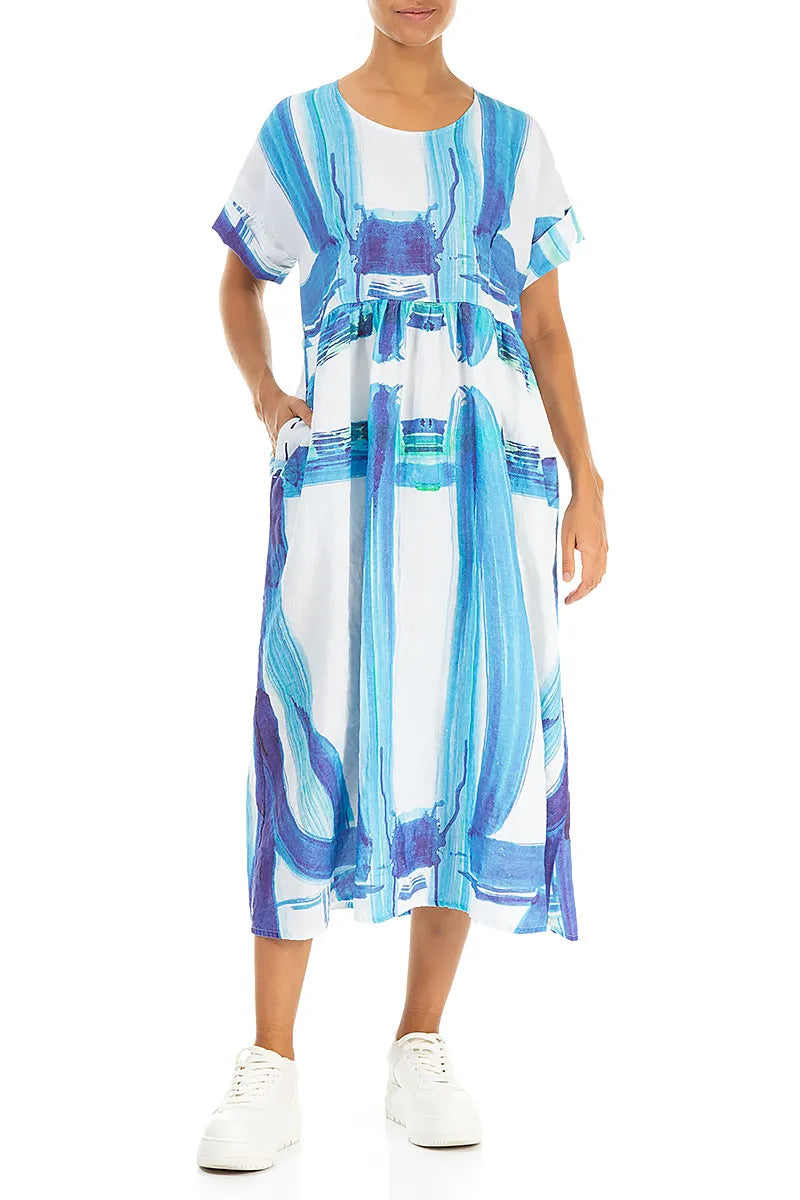 Empire Waist Blue Brushstroke Linen Dress 5