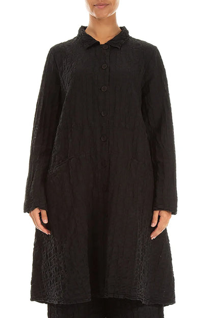 Flared Black Checkered Linen Cotton Jacket
