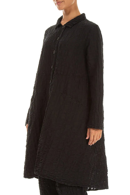 Flared Black Checkered Linen Cotton Jacket
