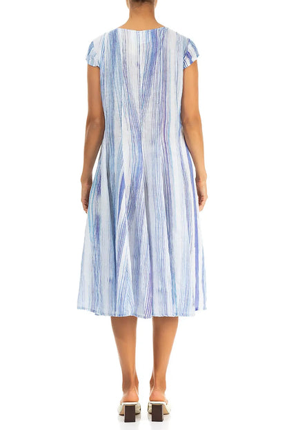Flared Blue Wash Stripe Linen Dress 2