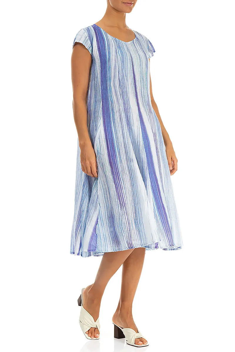 Flared Blue Wash Stripe Linen Dress 3