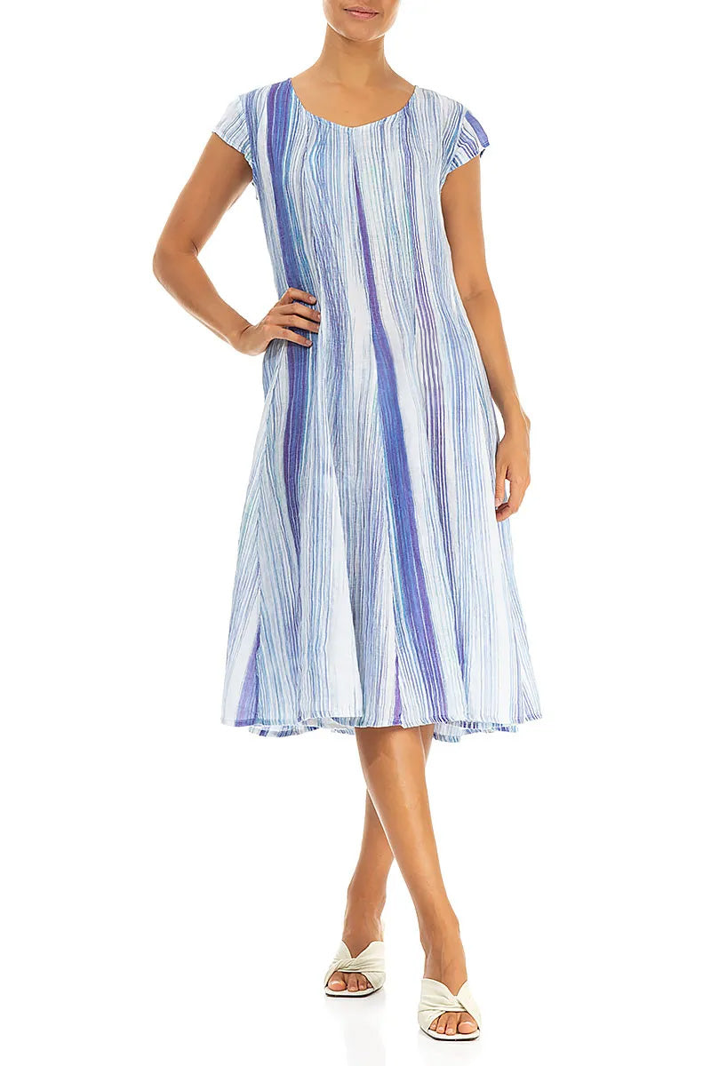 Flared Blue Wash Stripe Linen Dress 4