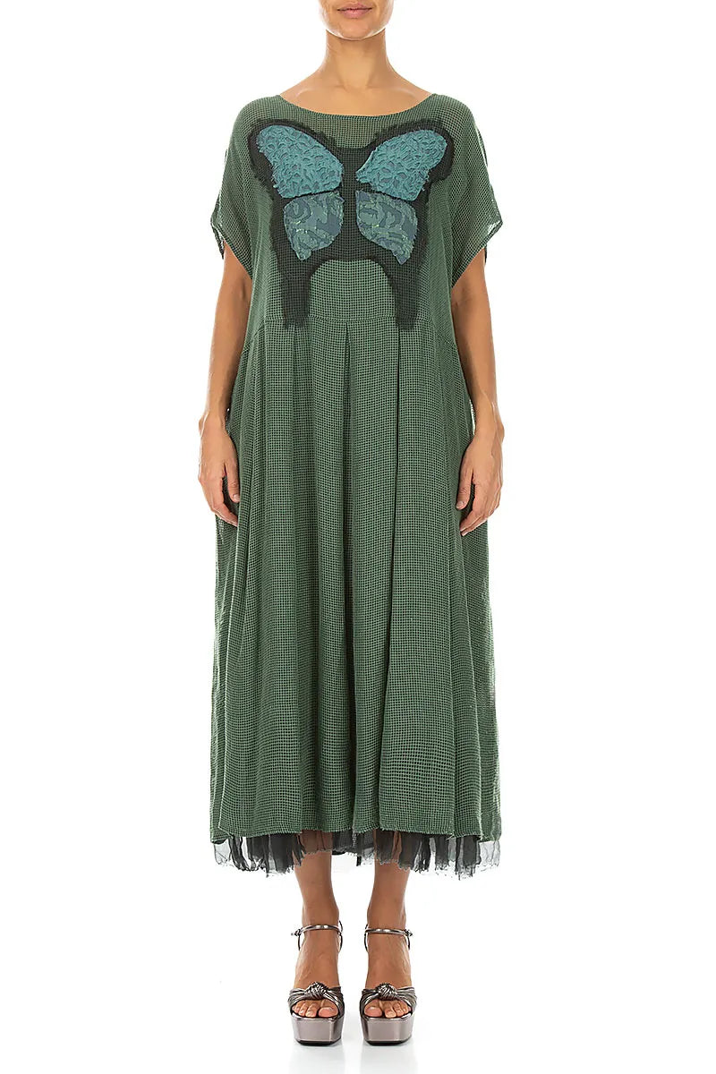 Flared Butterfly Sage Mesh Silk Dress 2