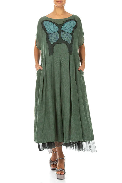 Flared Butterfly Sage Mesh Silk Dress 5