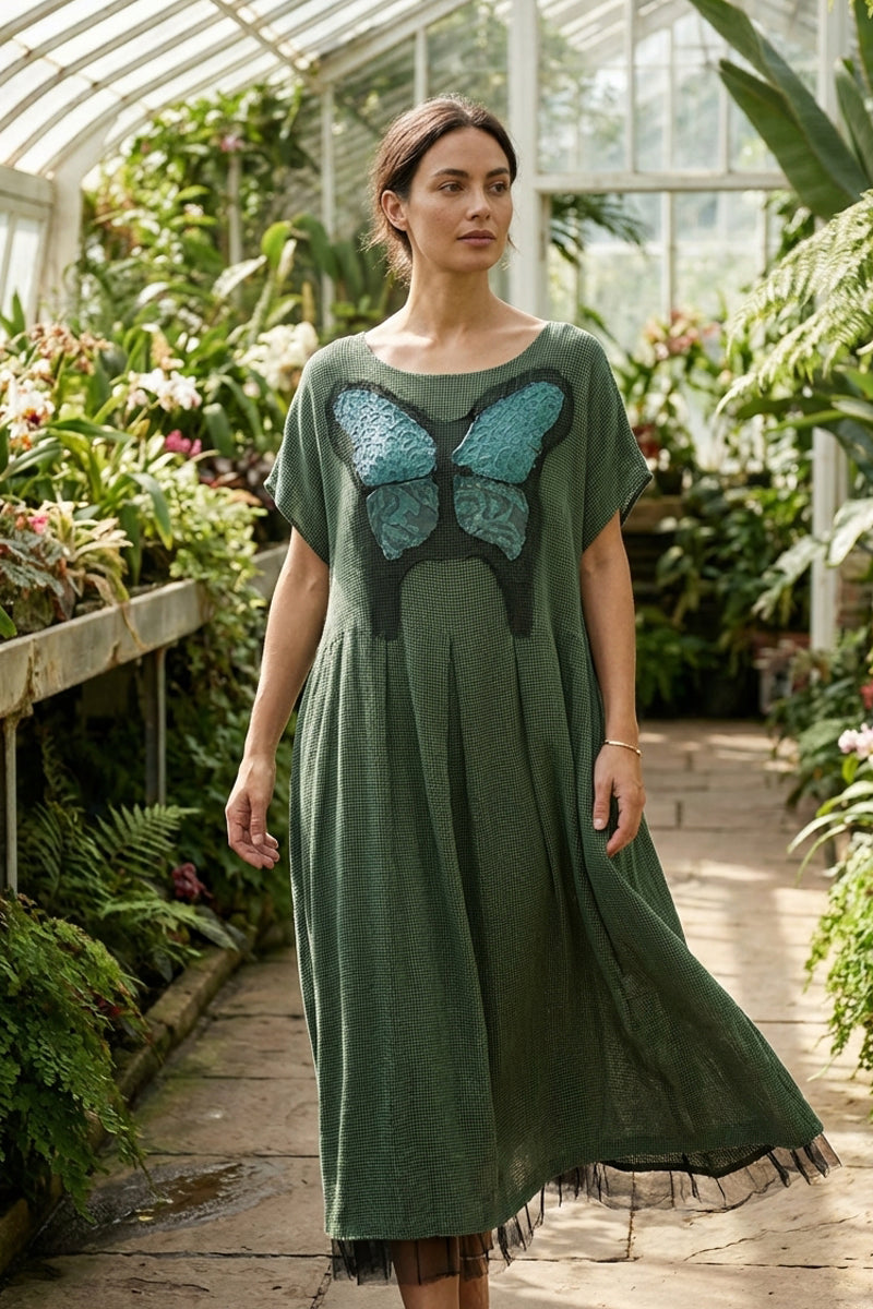 Flared Butterfly Sage Mesh Silk Dress 1