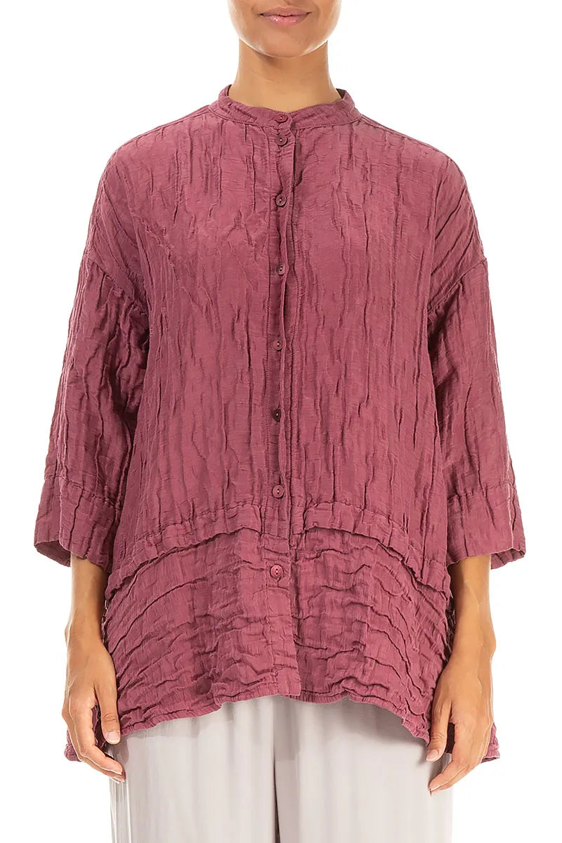 Flared Crinkled Antique Ruby Silk Linen Shirt 1