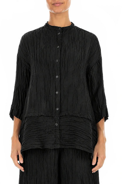 Flared Crinkled Black Silk Linen Shirt 1