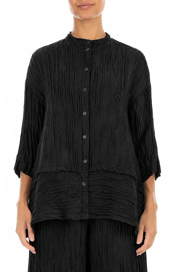 Flared Crinkled Black Silk Linen Shirt 1