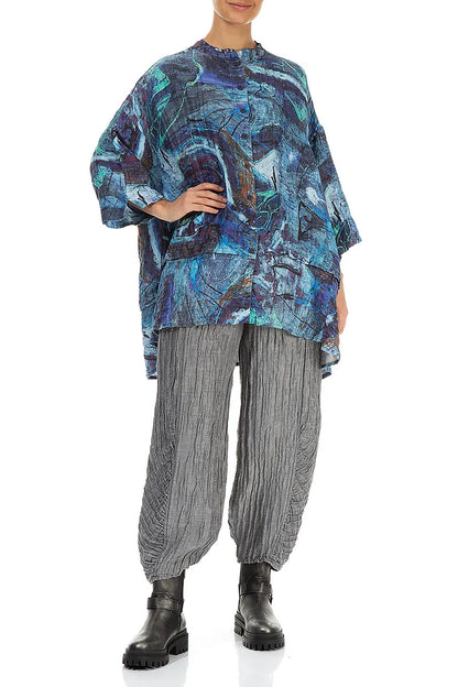 Flared Crinkled Blue Reverie Silk Shirt 5