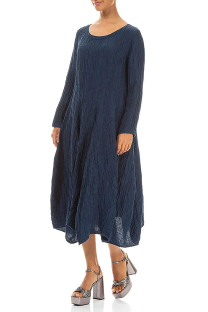 Flared Crinkled Navy Silk Linen Dress 3