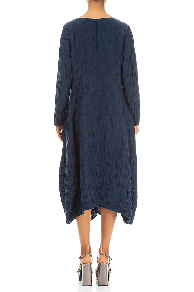 Flared Crinkled Navy Silk Linen Dress 2