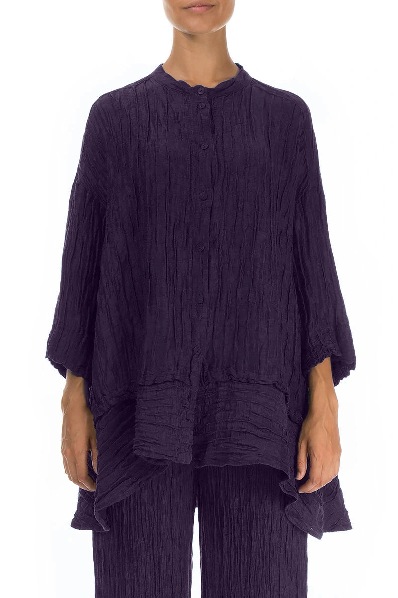 Flared Crinkled Royal Purple Silk Linen Shirt 1