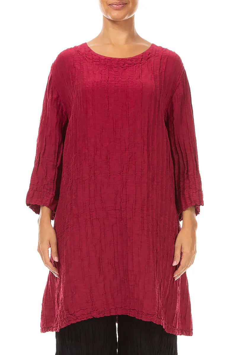Flared Crinkled Ruby Silk Linen Tunic 1