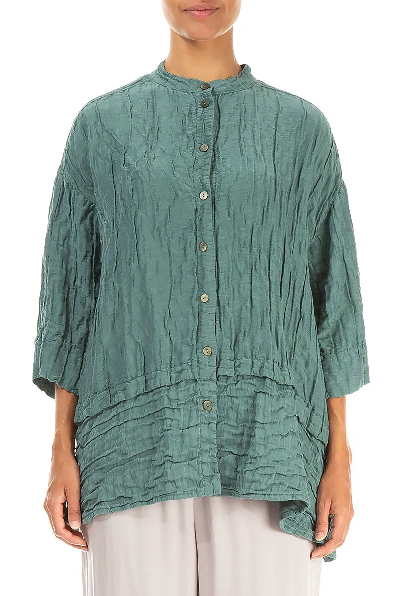 Flared Crinkled Sage Silk Linen Shirt 1