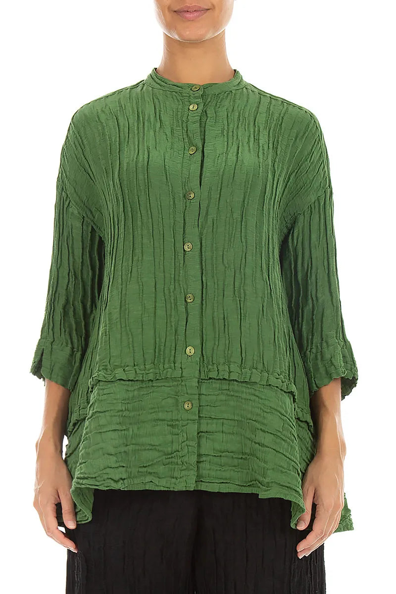 Flared Crinkled Shamrock Green Silk Linen Shirt 1