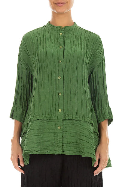 Flared Crinkled Shamrock Green Silk Linen Shirt 1