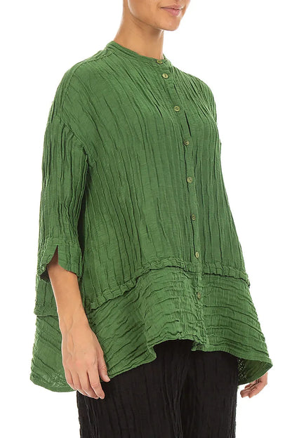 Flared Crinkled Shamrock Green Silk Linen Shirt 3