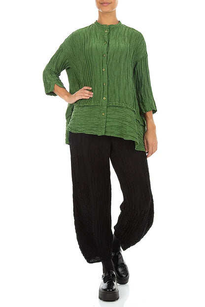 Flared Crinkled Shamrock Green Silk Linen Shirt 4