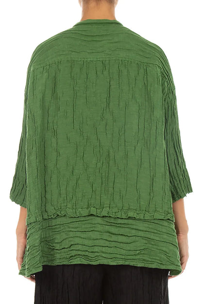 Flared Crinkled Shamrock Green Silk Linen Shirt 2