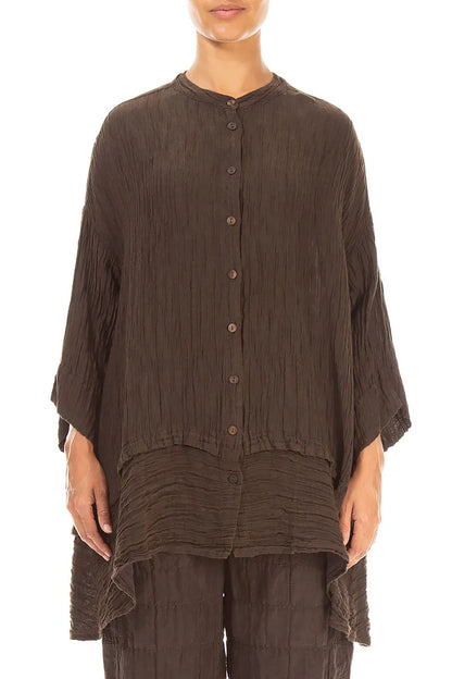 Flared Crinkled Truffle Brown Silk Shirt 1
