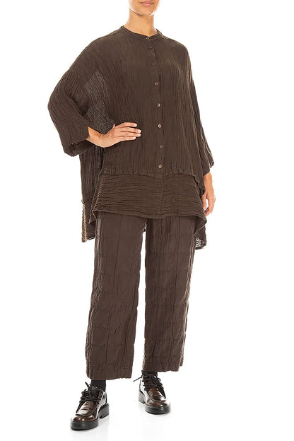 Flared Crinkled Truffle Brown Silk Shirt 4