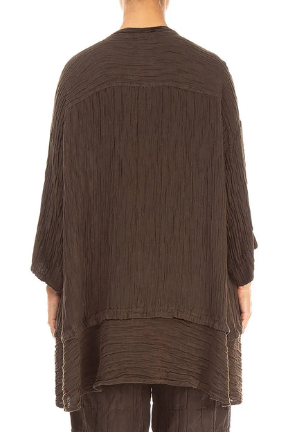 Flared Crinkled Truffle Brown Silk Shirt 2