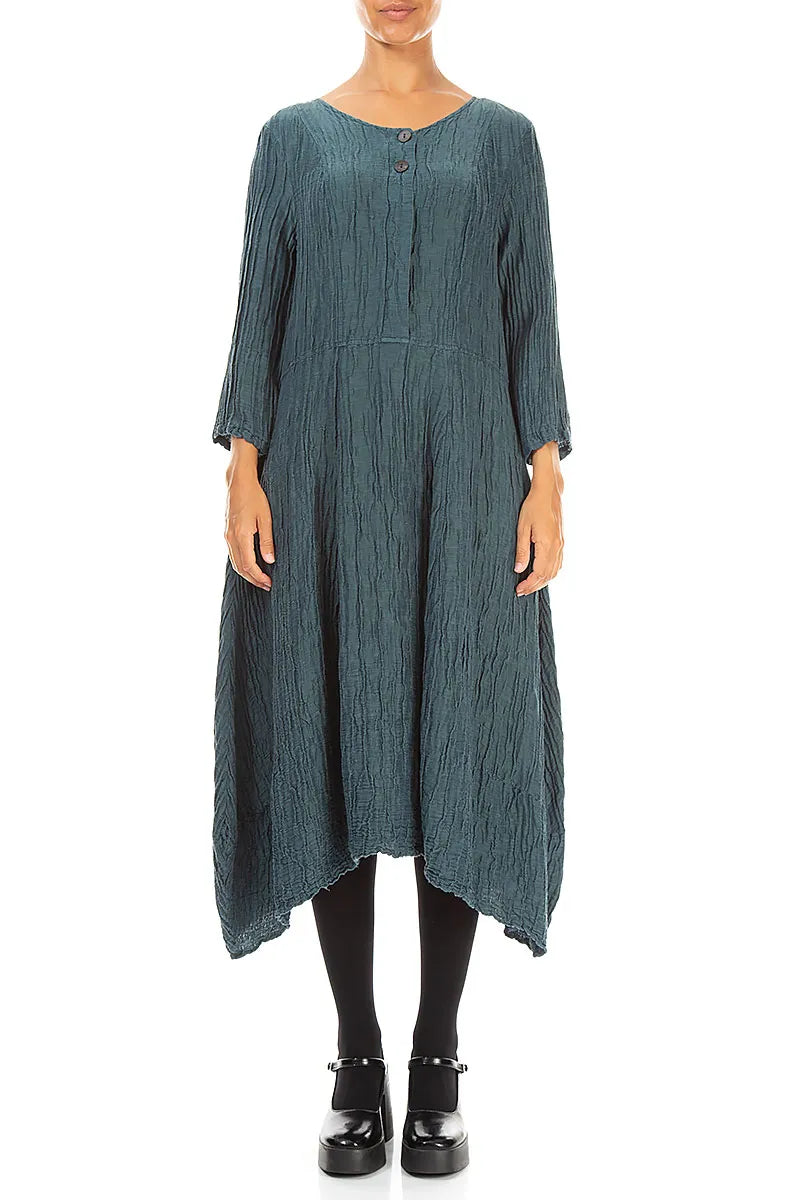 Flared Deep Turquoise Crinkled Silk Linen Dress 1