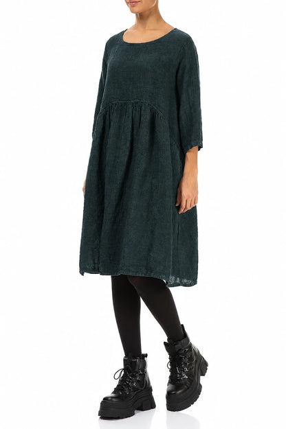 Flared Deep Turquoise Mélange Linen Midi Dress 3