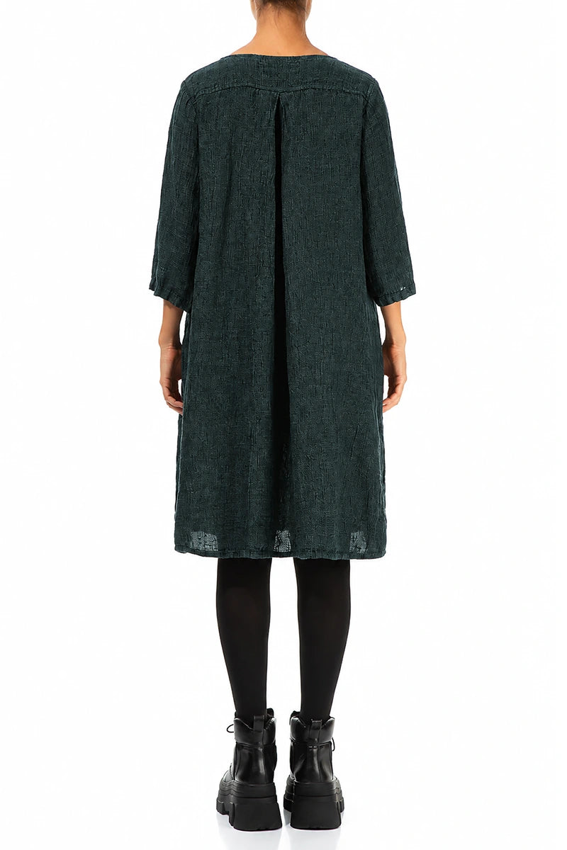 Flared Deep Turquoise Mélange Linen Midi Dress 2