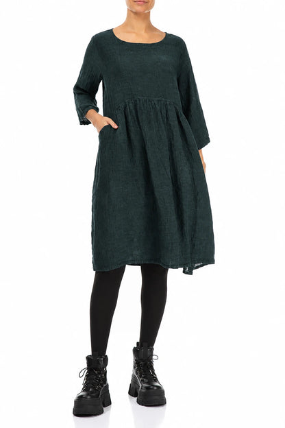 Flared Deep Turquoise Mélange Linen Midi Dress 4