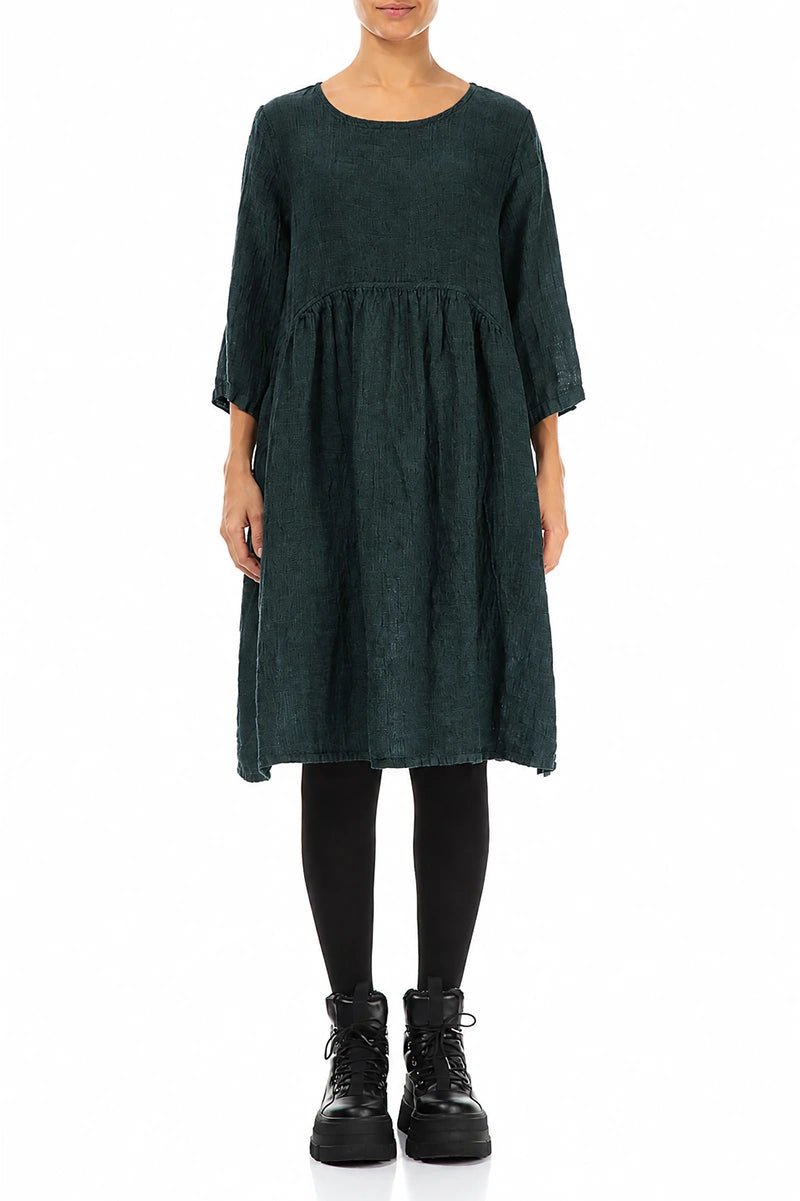 Flared Deep Turquoise Mélange Linen Midi Dress 1