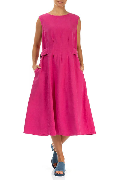 Waist Detail Sleeveless Fuchsia Linen Dress 4