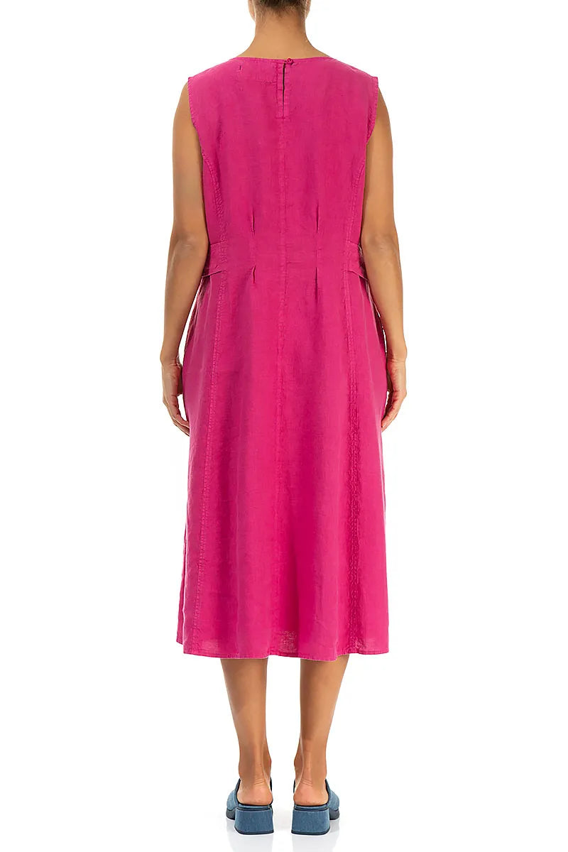 Waist Detail Sleeveless Fuchsia Linen Dress 2