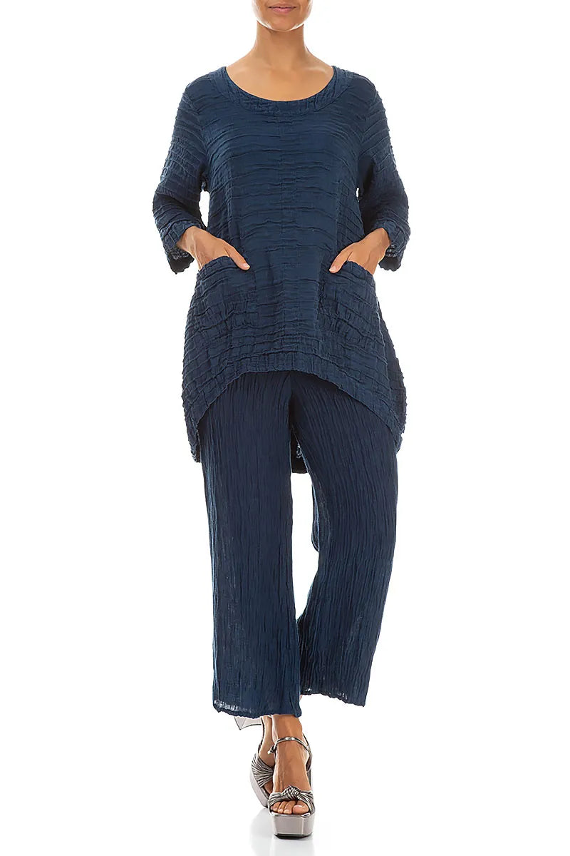 Flared Navy Crinkled Silk Trousers 4