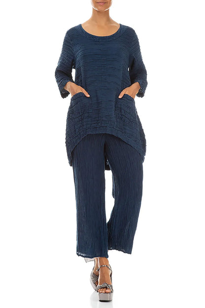 Flared Navy Crinkled Silk Trousers 4