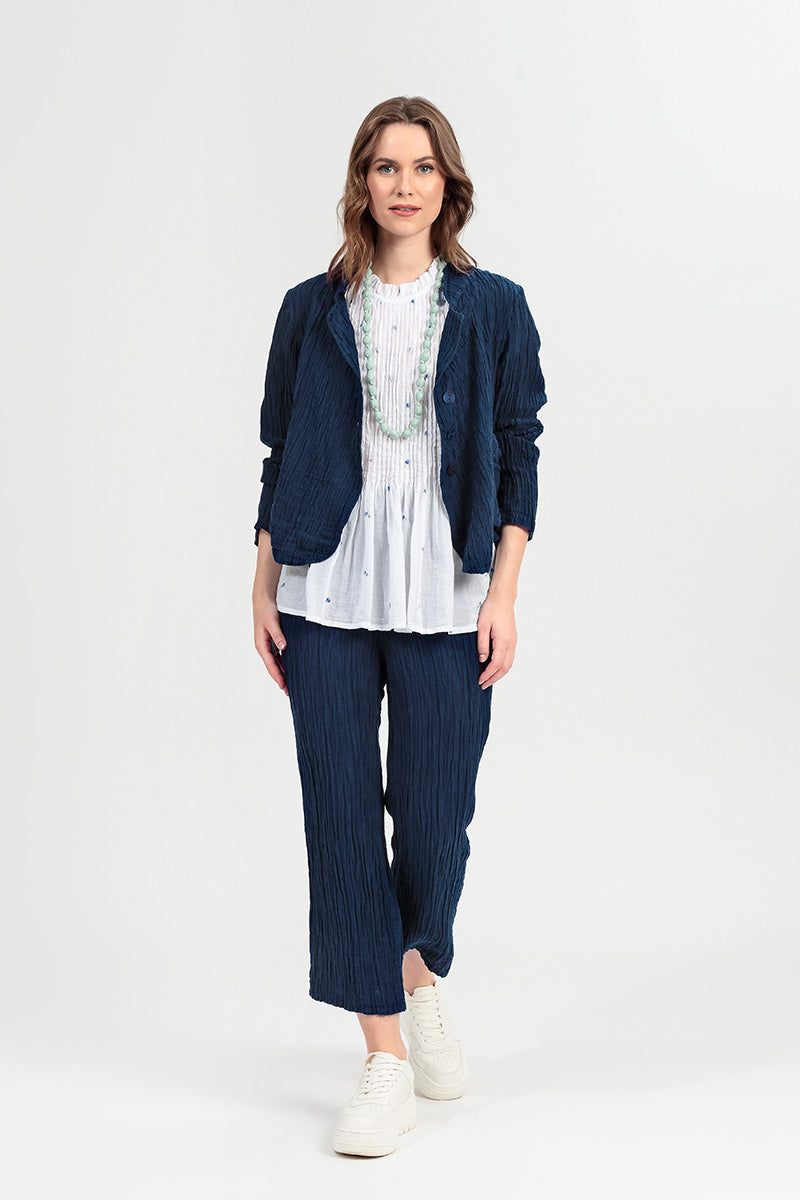 Flared Navy Crinkled Silk Trousers 7