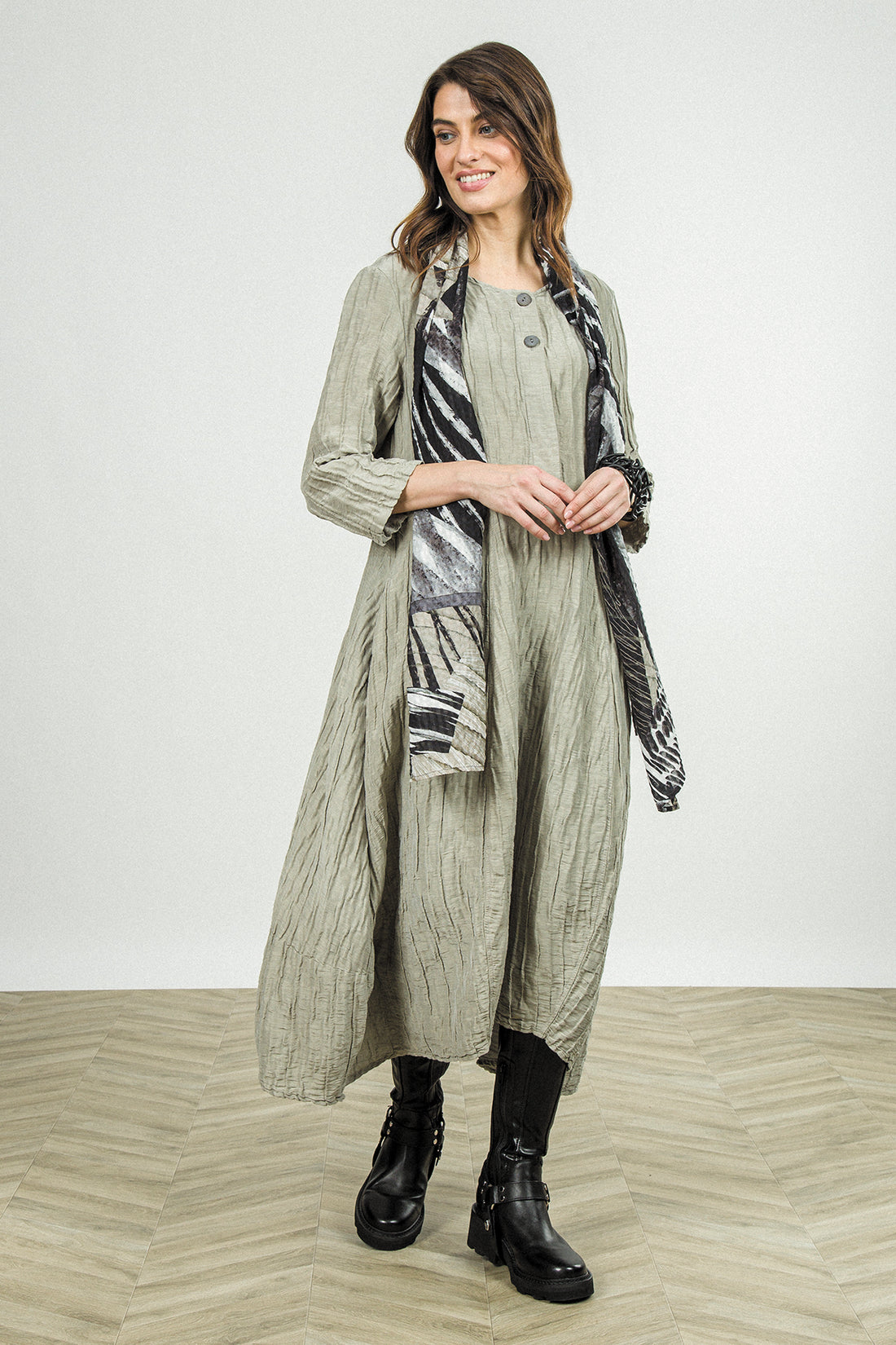 Flared Olive Grey Crinkled Silk Linen Dress