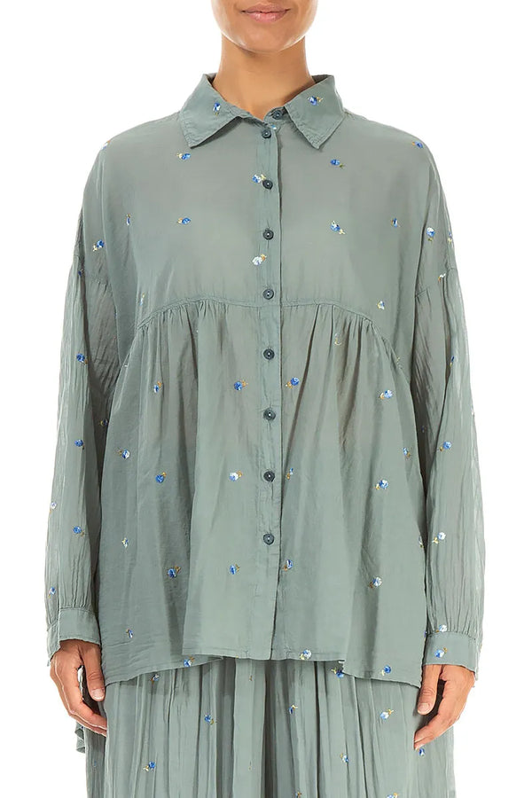 Flared Sage Embroidered Petals Cotton Shirt 1