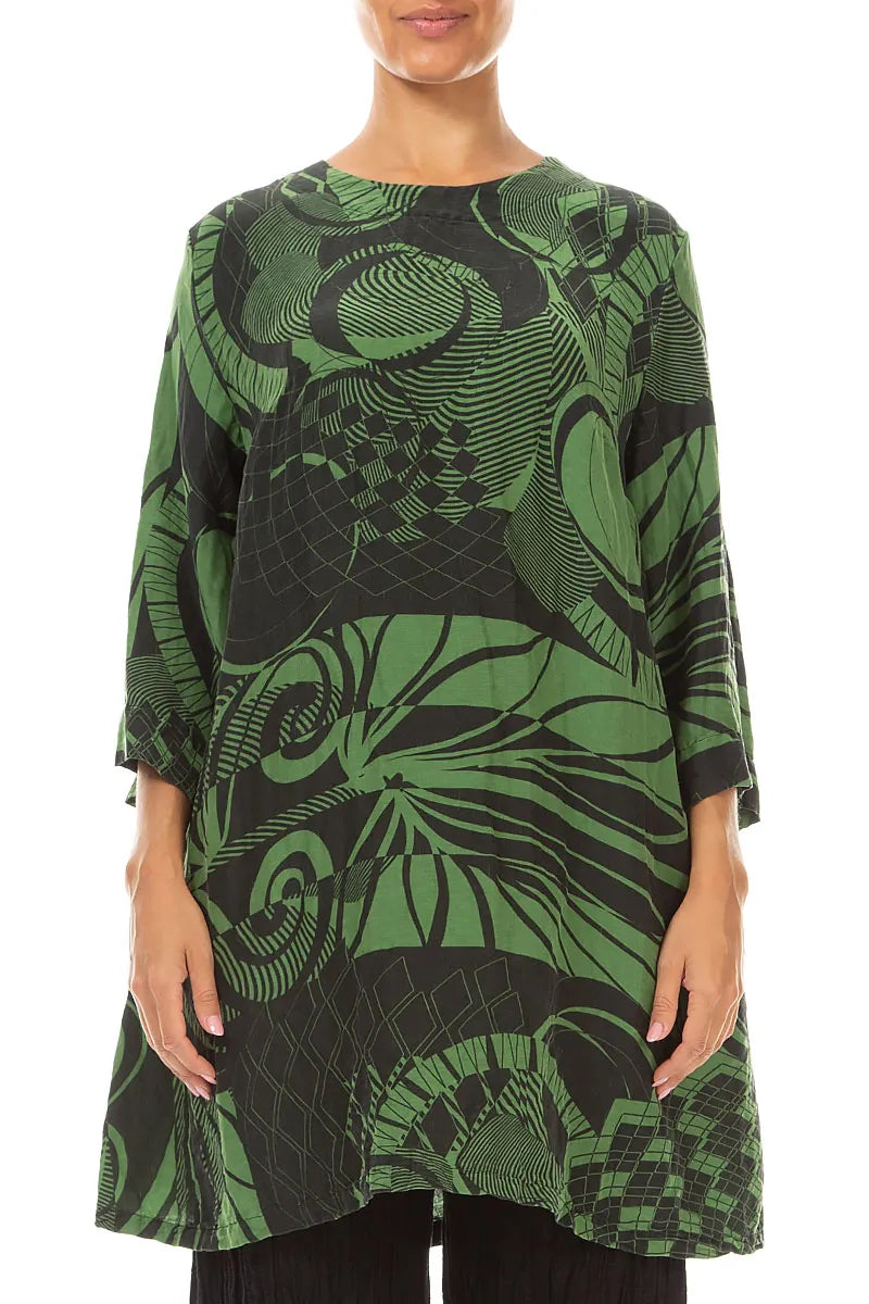 Flared Textured Shamrock Green Orbit Silk Linen Tunic 1