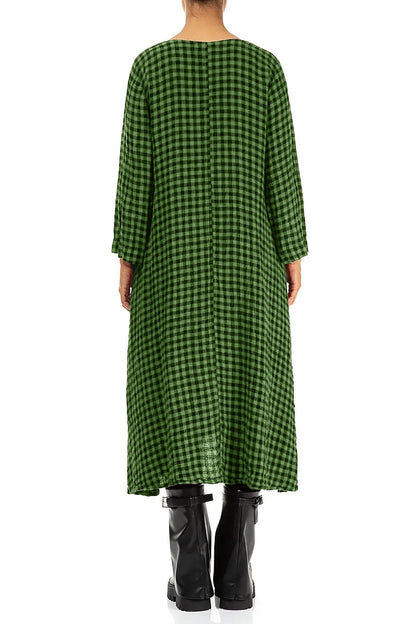 Floaty Shamrock Green Check Linen Midi Dress