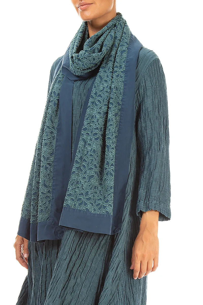 Floral Deep Turquoise Silk Chiffon Scarf