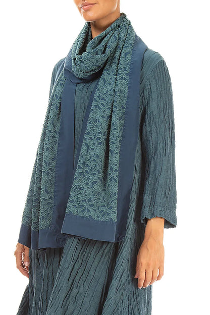 Floral Deep Turquoise Silk Chiffon Scarf