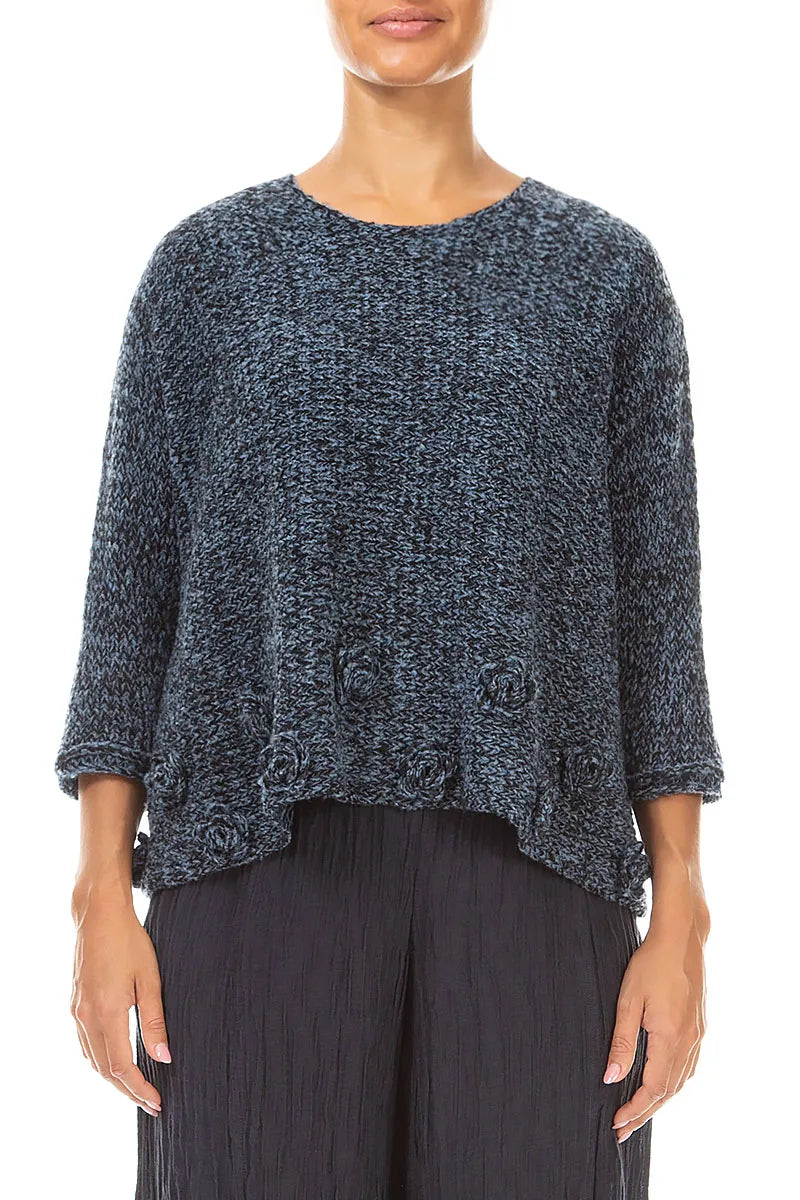 Flowers Decorated Mélange Blue Wool Sweater 1