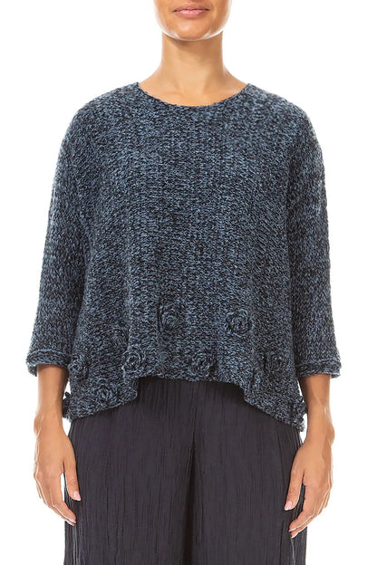 Flowers Decorated Mélange Blue Wool Sweater 1