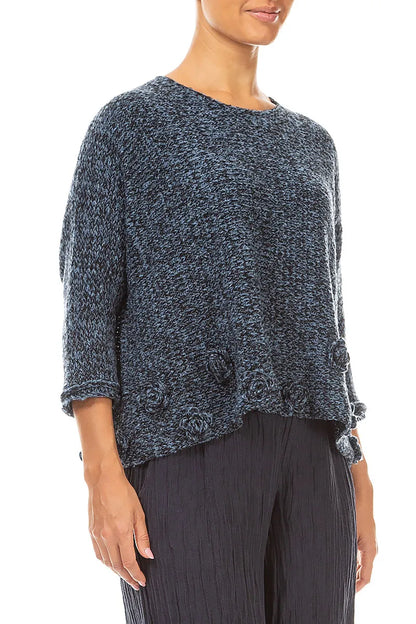Flowers Decorated Mélange Blue Wool Sweater 3