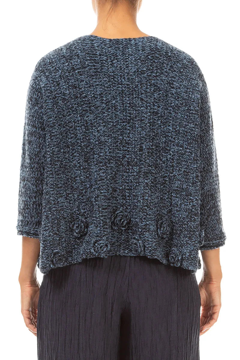Flowers Decorated Mélange Blue Wool Sweater 2