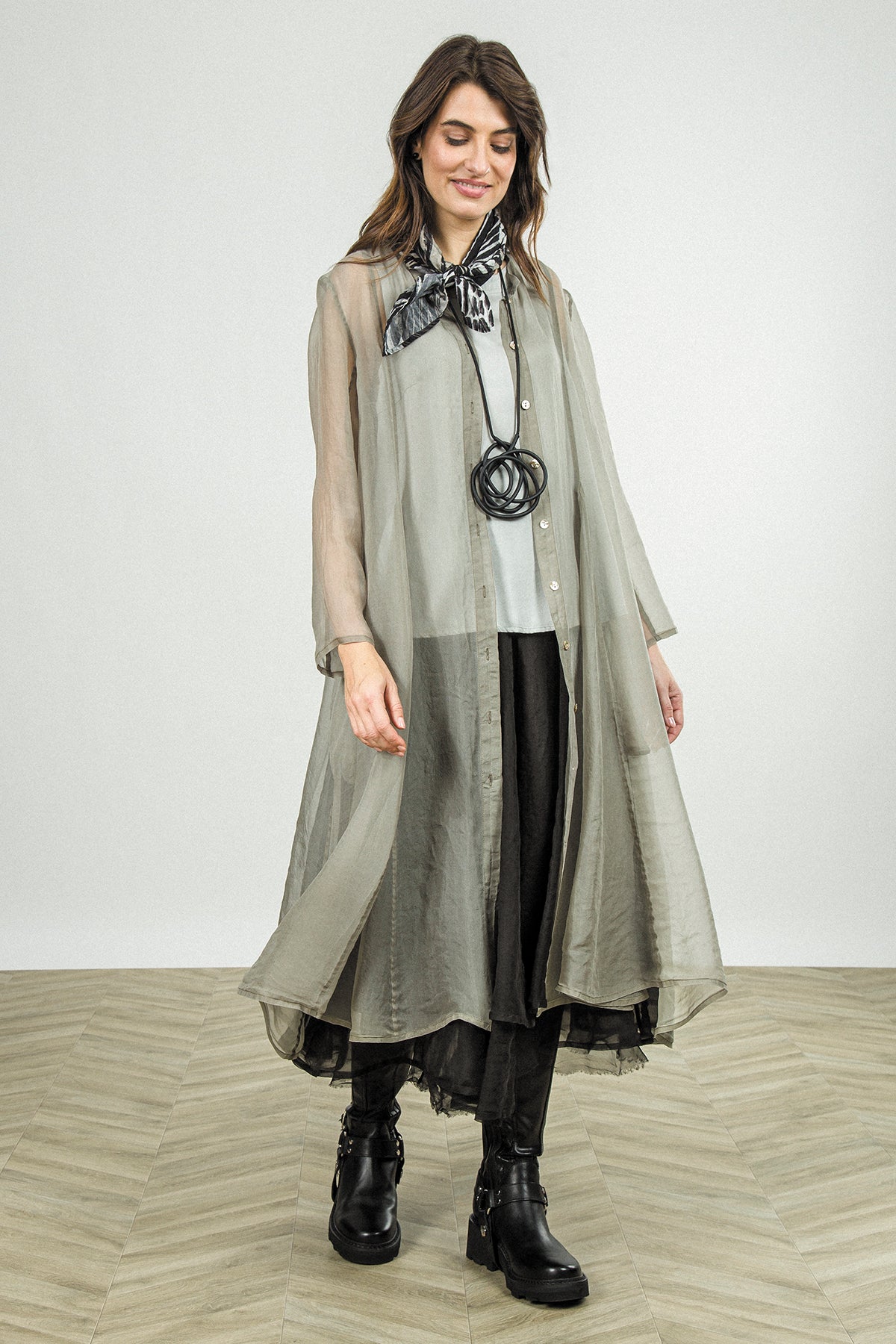 Flowing Olive Grey Silk Chiffon Jacket 1
