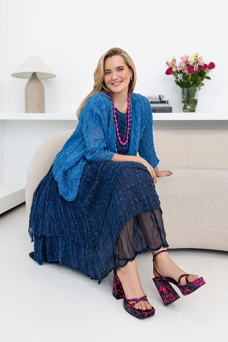Flowy Layered Navy Light Silk Dress 5