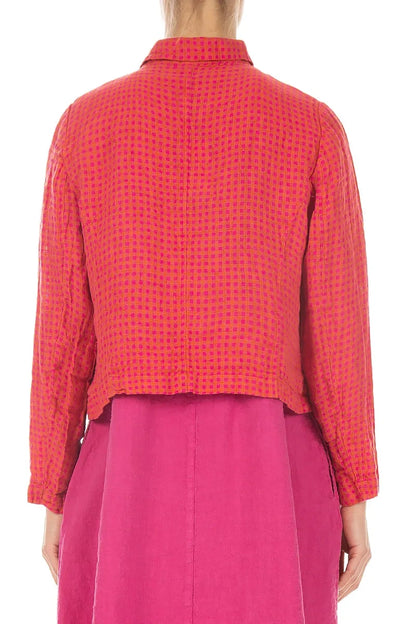 Frayed Edge Pink Orange Check Linen Jacket 2