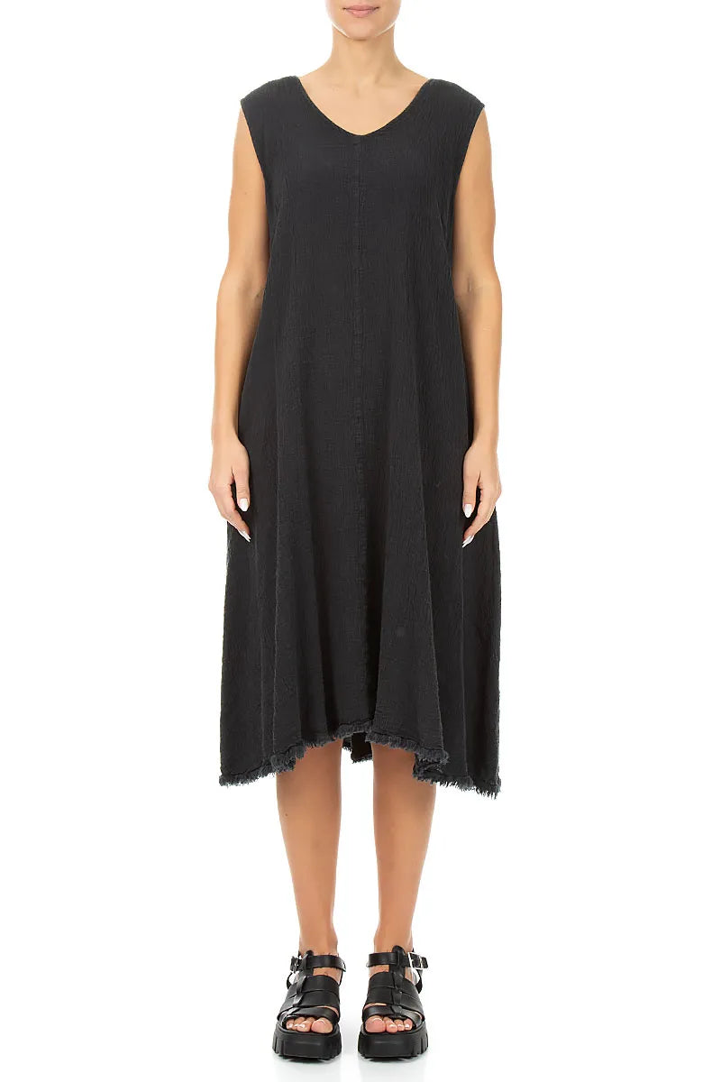 Frayed Hem Graphite Linen Viscose Dress 1